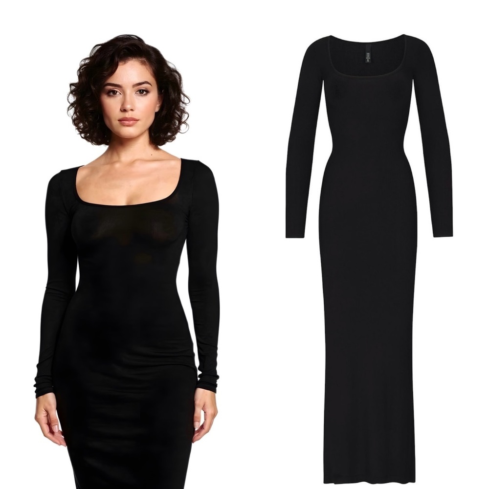 SKIMS Soft Lounge Long Sleeve Dress Onyx/ Black  Women’s XS
Maxi Ribbed Slip NWT